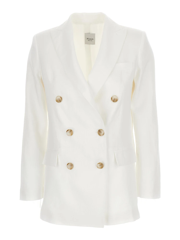 White Double-Breasted Blazer in Linen Woman