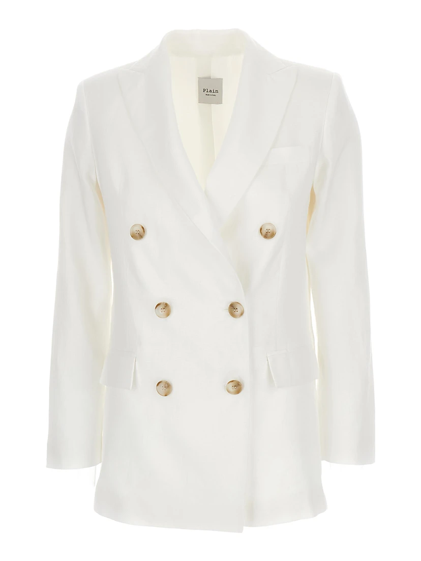 White Double-Breasted Blazer in Linen Woman