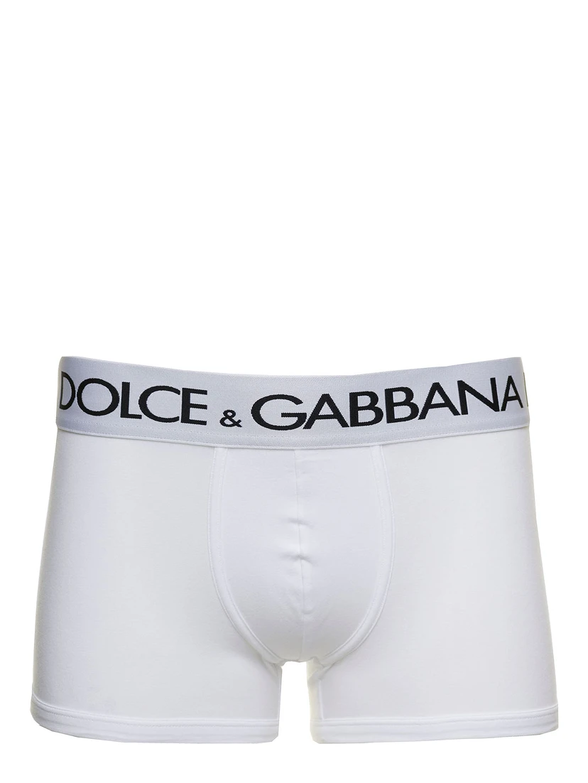 White Boxer Briefs with Branded Waistband in Stretch Cotton Man