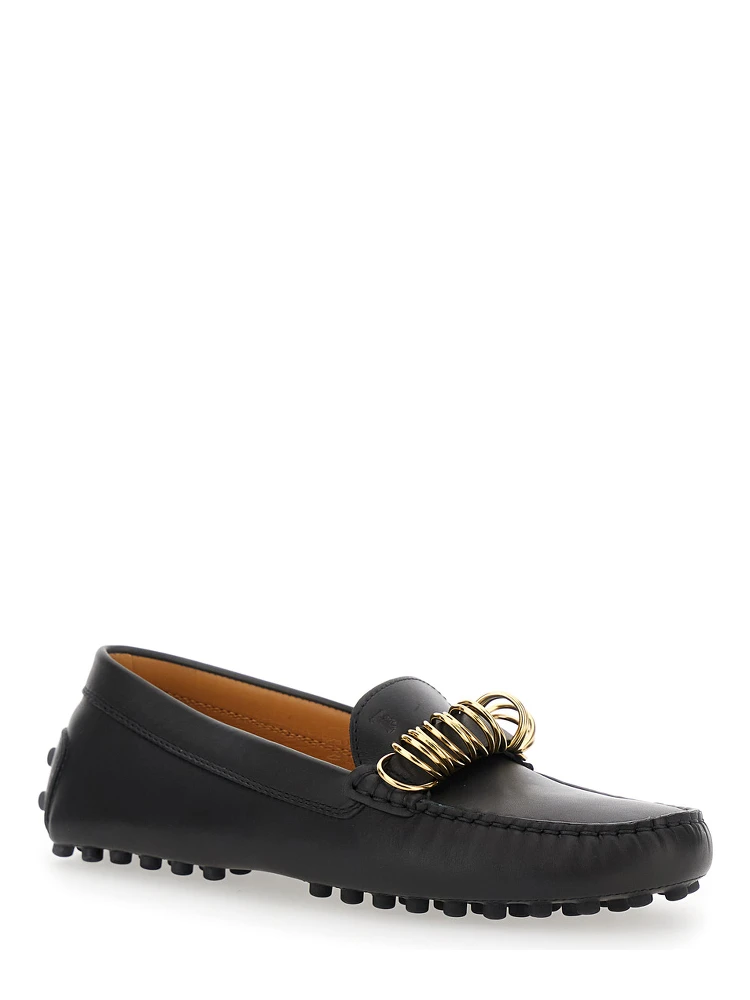 Black Loafers with Ring Detail on the Front and Rubber Sole in Leather Woman alternative