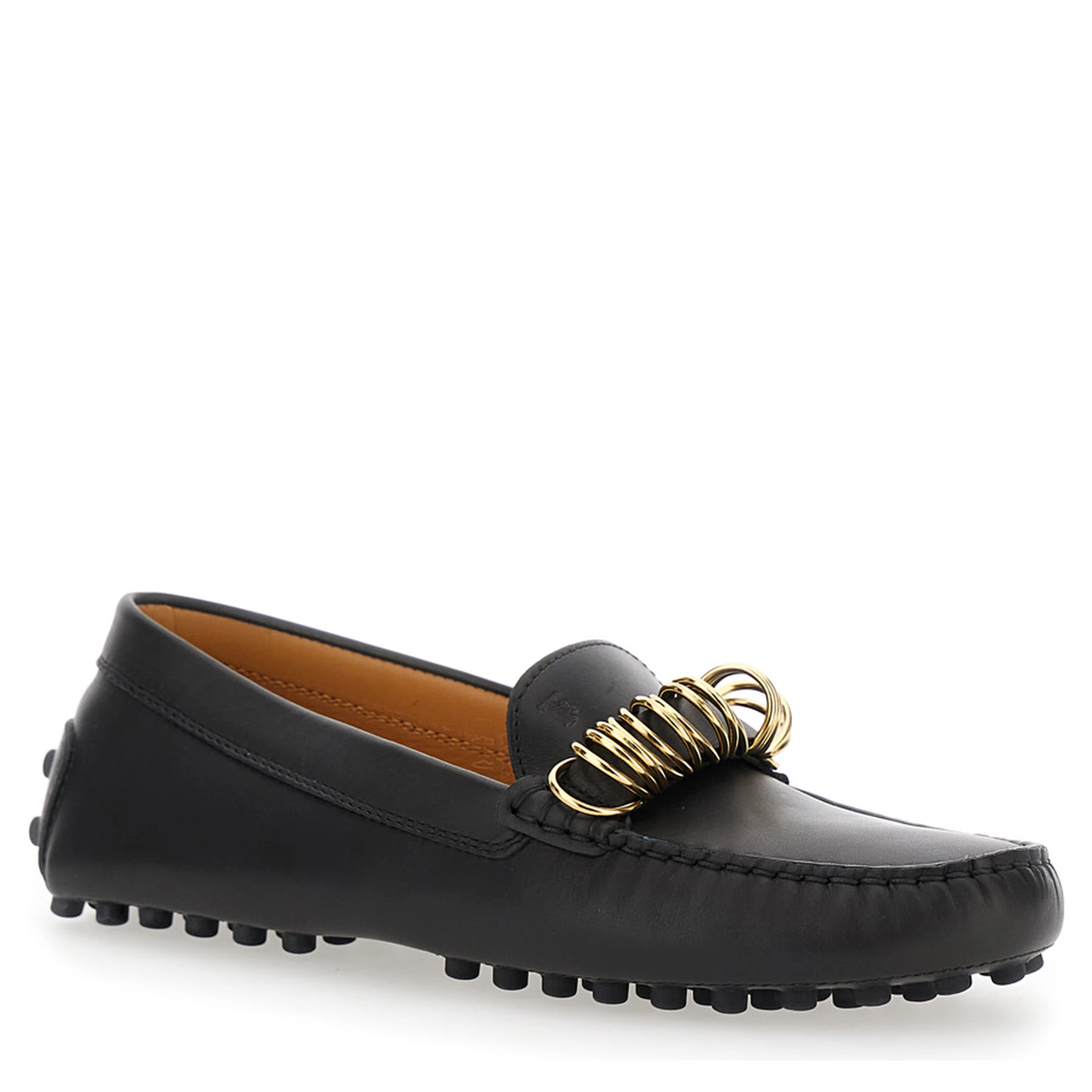 Black Loafers with Ring Detail on the Front and Rubber Sole in Leather Woman