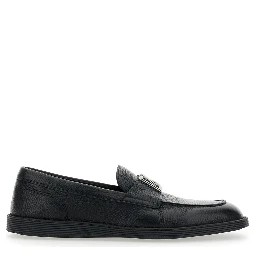 Florio Black Loafers with DG Plaque on the Front in Grained Leather Man