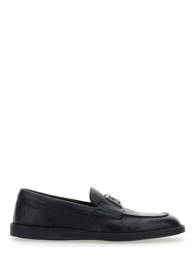 Florio Black Loafers with DG Plaque on the Front in Grained Leather Man