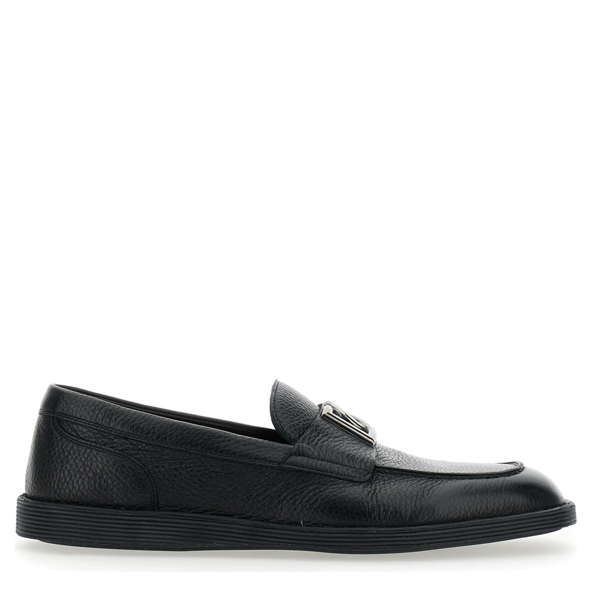 Florio Black Loafers with DG Plaque on the Front in Grained Leather Man