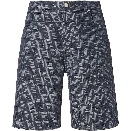 Blue Bermuda with Belt Loops and All-Over FF Motif in Cotton Man