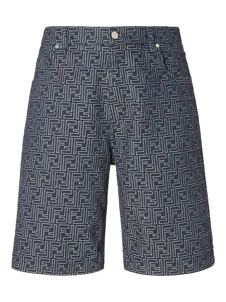 Blue Bermuda with Belt Loops and All-Over FF Motif in Cotton Man