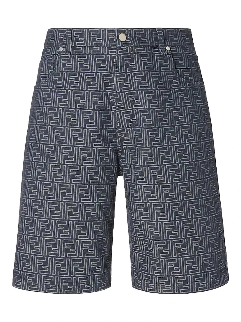 Blue Bermuda with Belt Loops and All-Over FF Motif in Cotton Man