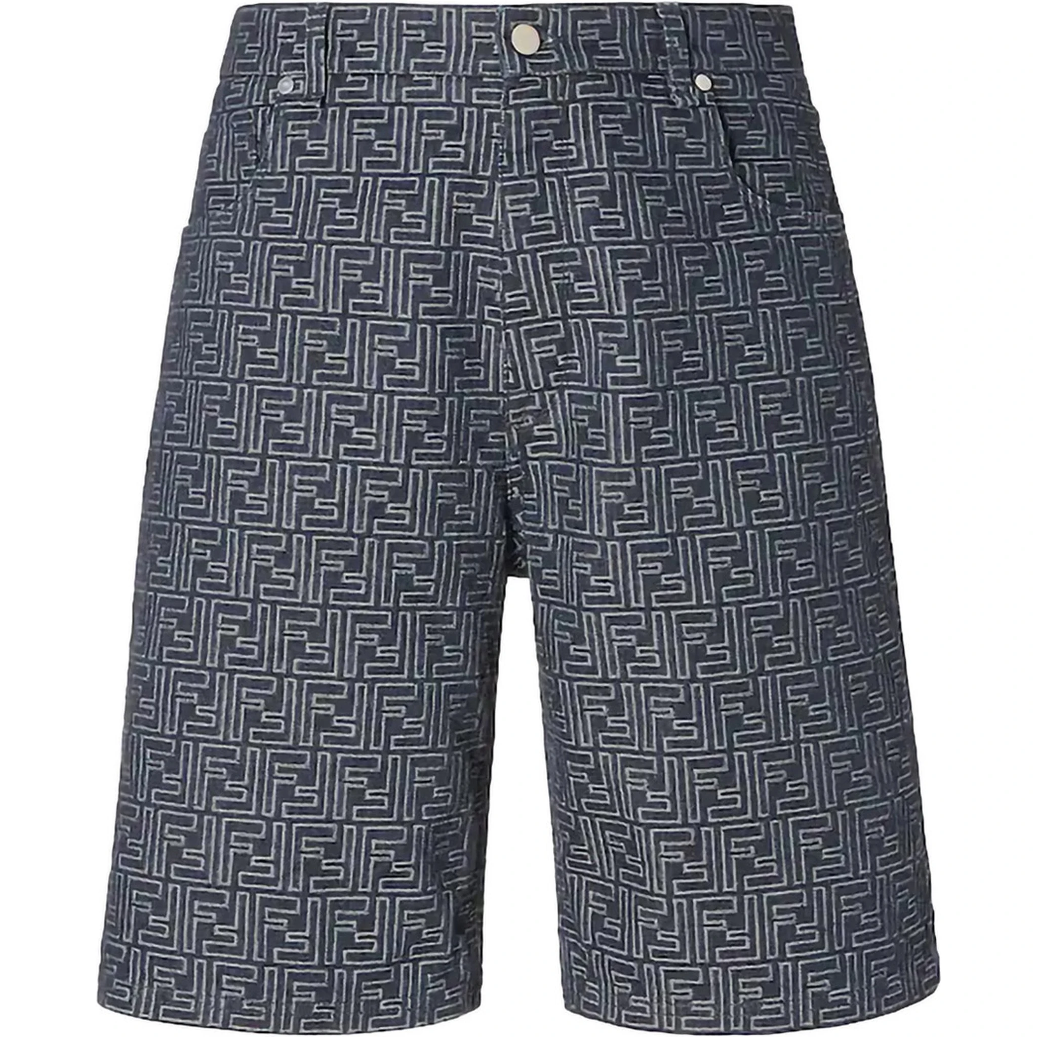 Blue Bermuda with Belt Loops and All-Over FF Motif in Cotton Man