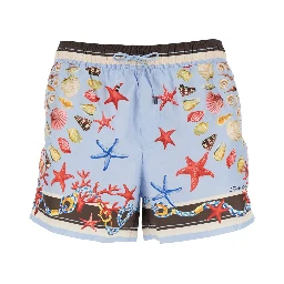 شورت سباحة رجالي أزرق فاتح بخصر مطاطي برباط وطبعة كاملة من قماش تقني