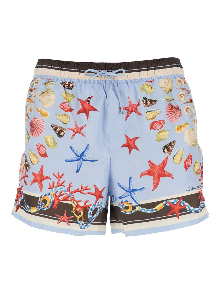 Light Blue Swim Shorts with Drawstring Elastic Waist and All-Over Print in Tech Fabric Man