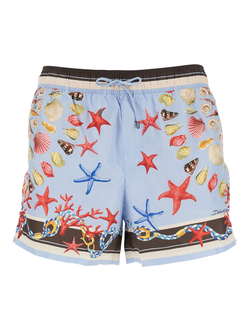 Light Blue Swim Shorts with Drawstring Elastic Waist and All-Over Print in Tech Fabric Man