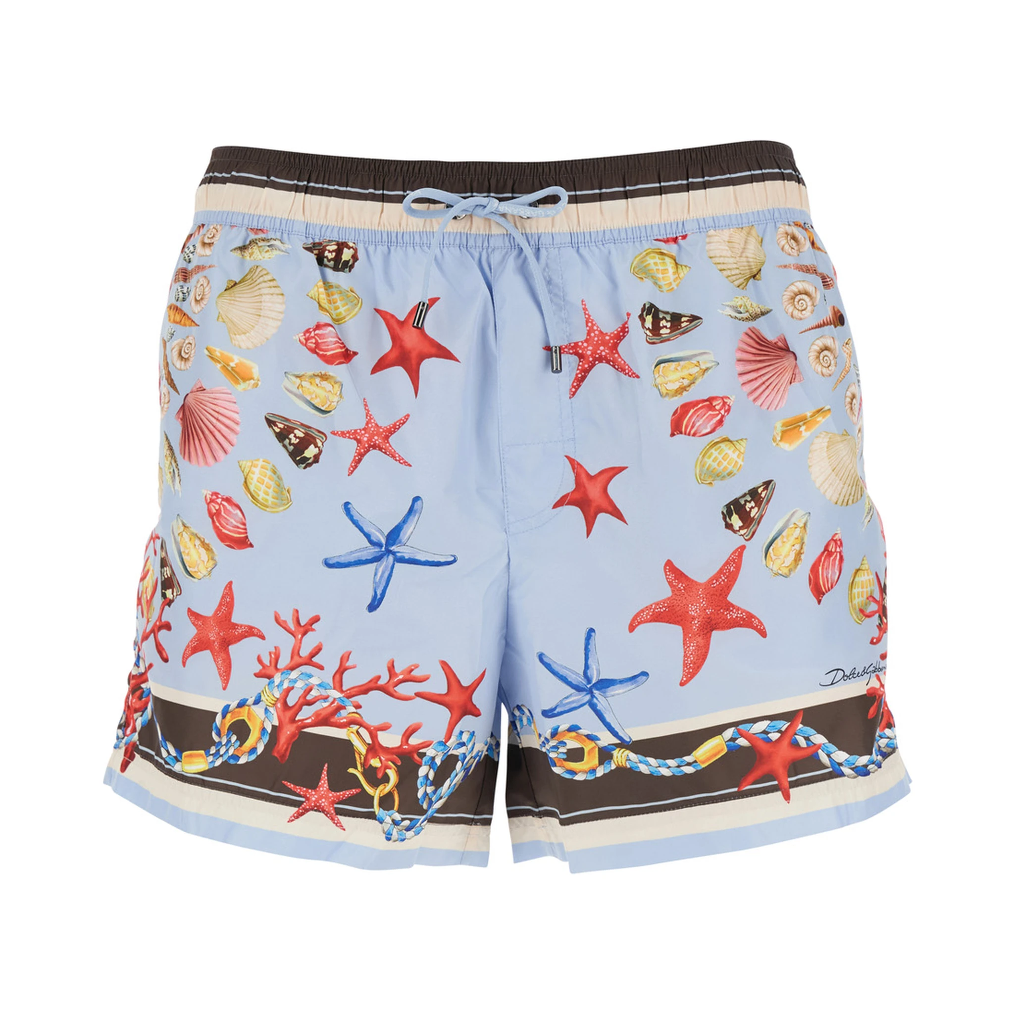 شورت سباحة رجالي أزرق فاتح بخصر مطاطي برباط وطبعة كاملة من قماش تقني