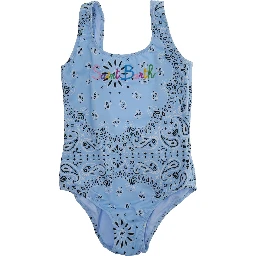 Light Blue Swimsuit with Embroidered Logo on the Front and All-Over Bandana Print in Tech Fabric Girl