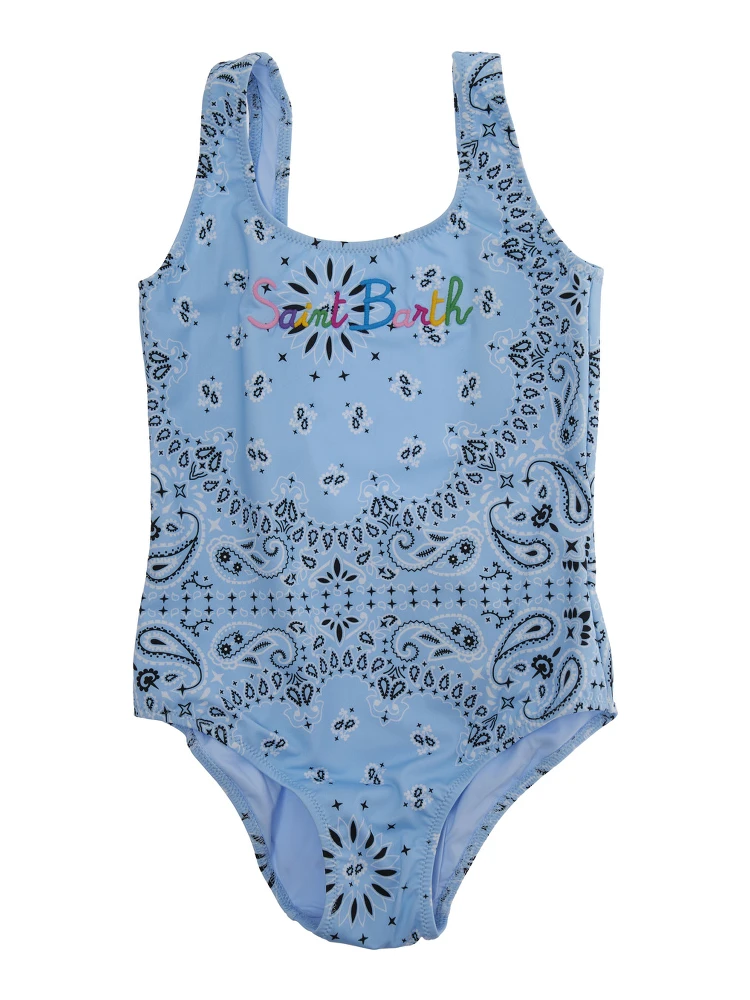Light Blue Swimsuit with Embroidered Logo on the Front and All-Over Bandana Print in Tech Fabric Girl