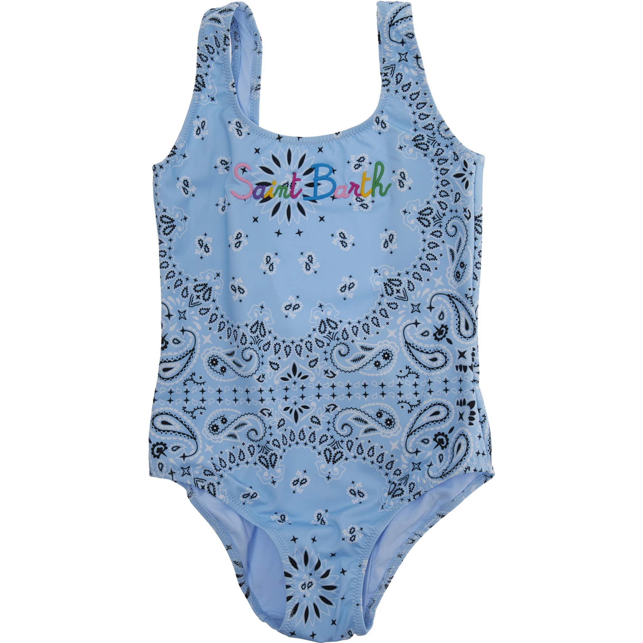 Light Blue Swimsuit with Embroidered Logo on the Front and All-Over Bandana Print in Tech Fabric Girl
