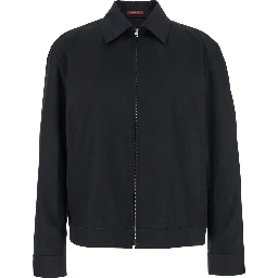 Black Jacket with Classic Collar and Web Motif on the Waist in Cotton Man
