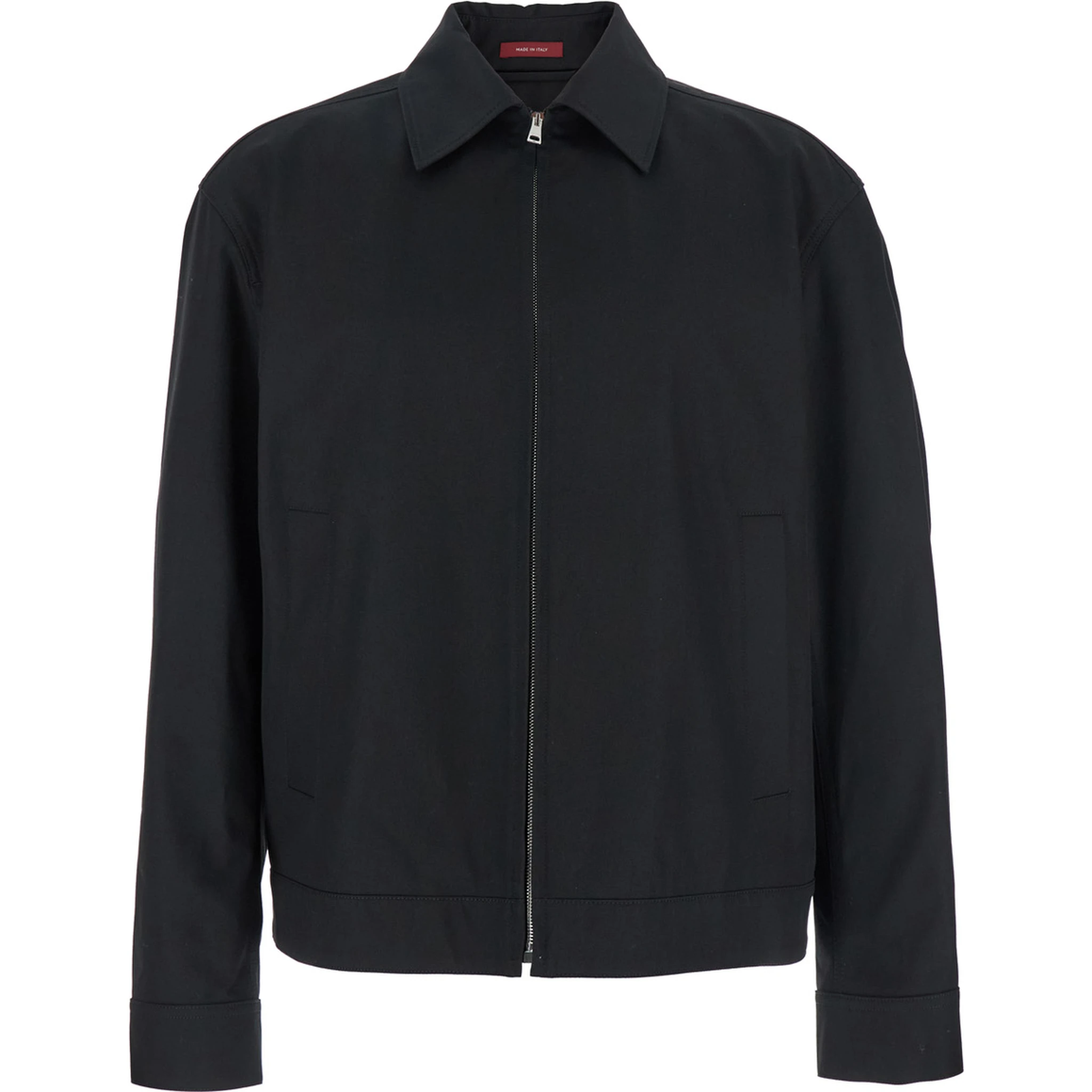 Black Jacket with Classic Collar and Web Motif on the Waist in Cotton Man