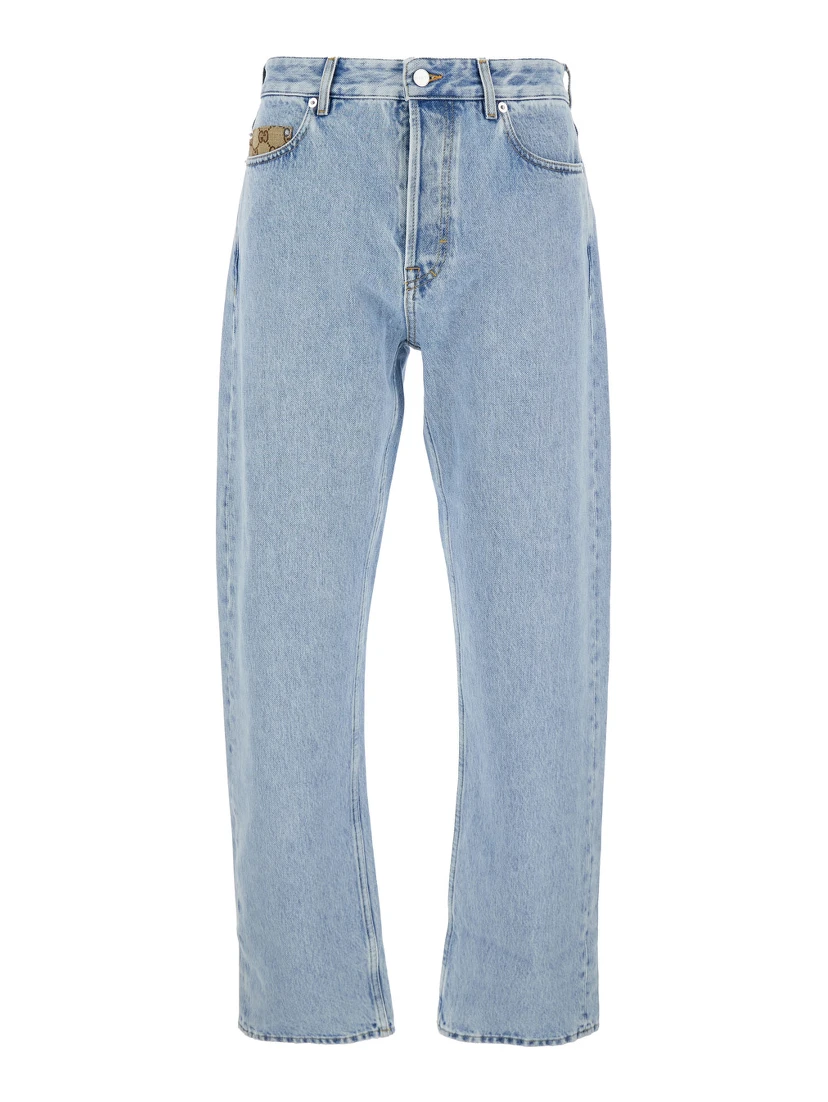Light Blue Jeans with GG Detail on the Pocket and Logo Patch on the Rear in Denim Man