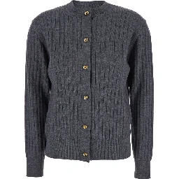 Grey Crewneck Cardigan with Knot Buttons Closure and Ribbed Knit in Wool Woman