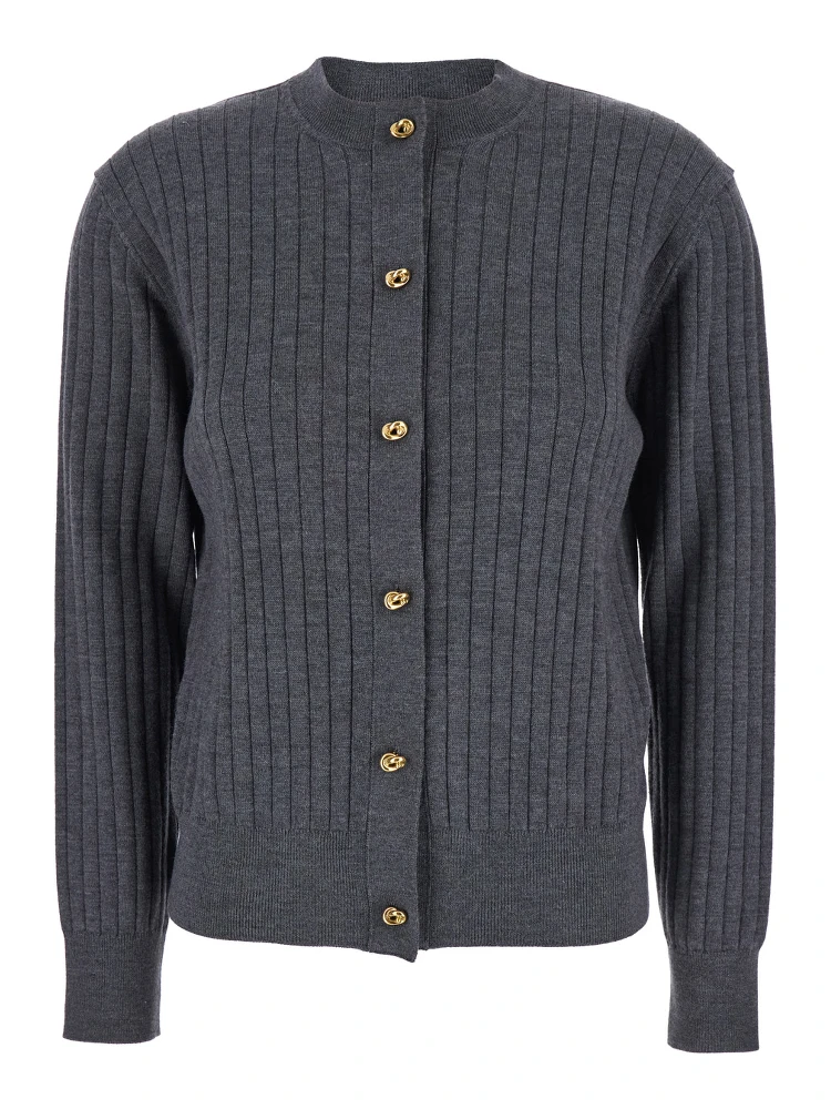 Grey Crewneck Cardigan with Knot Buttons Closure and Ribbed Knit in Wool Woman