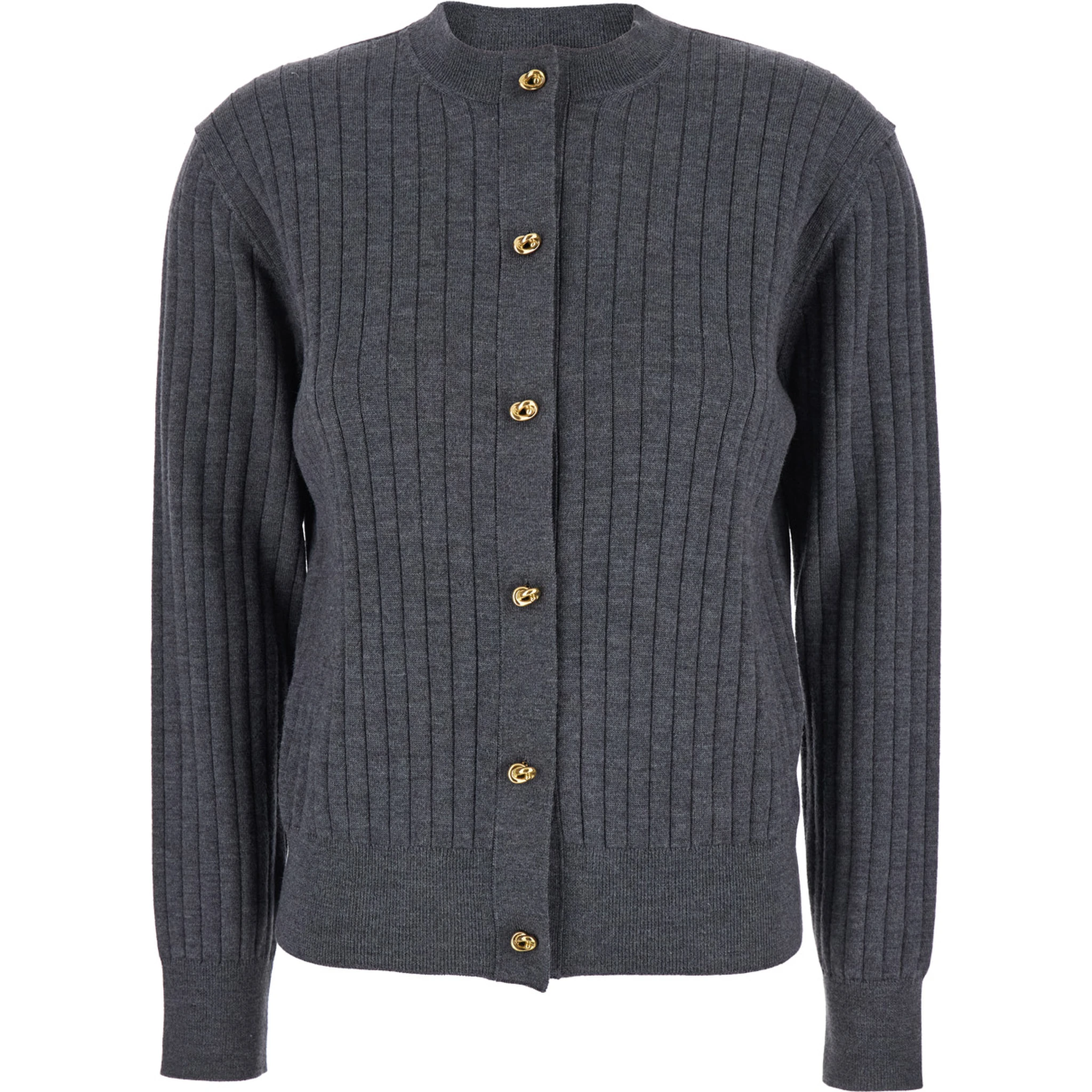 Grey Crewneck Cardigan with Knot Buttons Closure and Ribbed Knit in Wool Woman