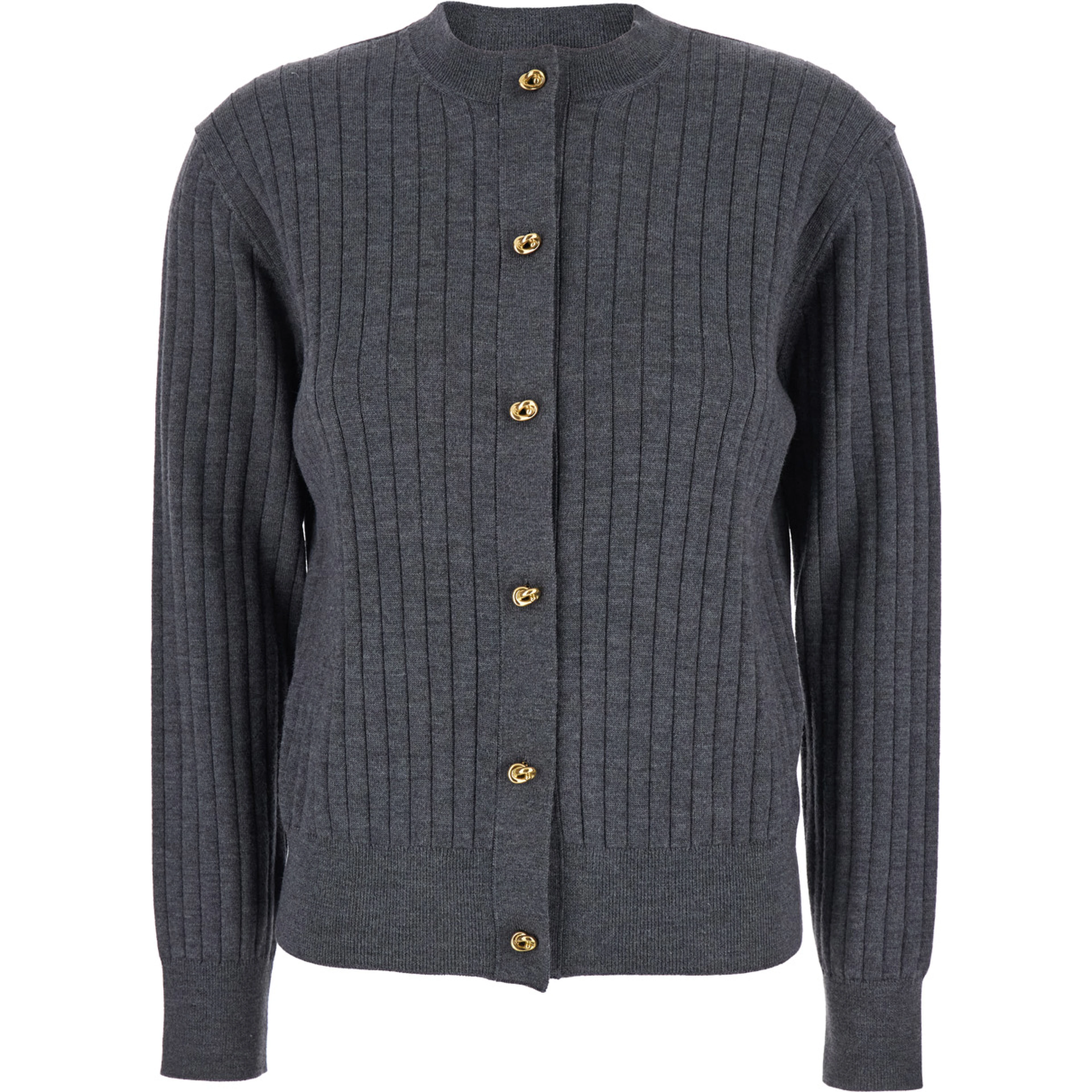 Grey Crewneck Cardigan with Knot Buttons Closure and Ribbed Knit in Wool Woman