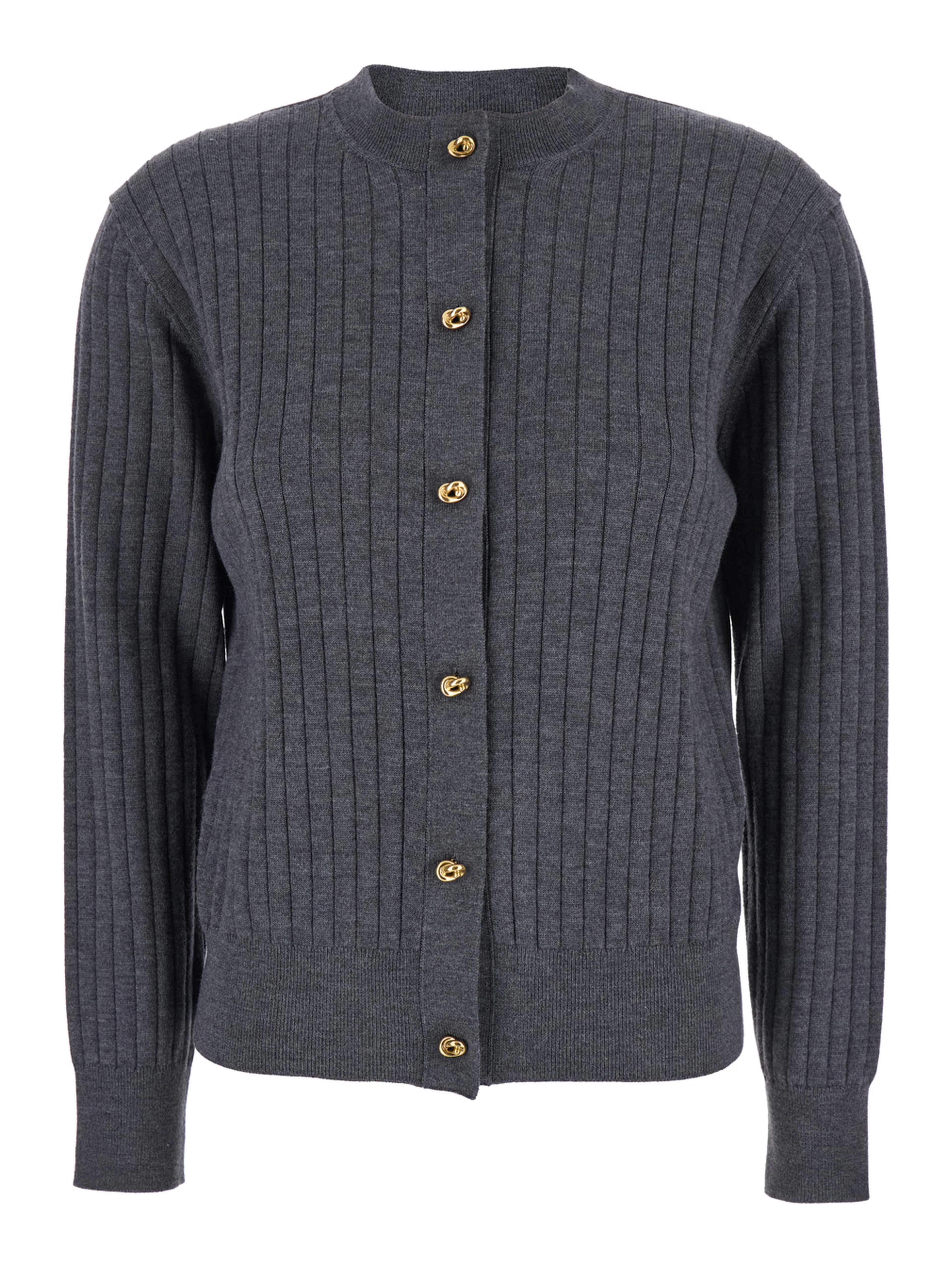 Grey Crewneck Cardigan with Knot Buttons Closure and Ribbed Knit in Wool Woman