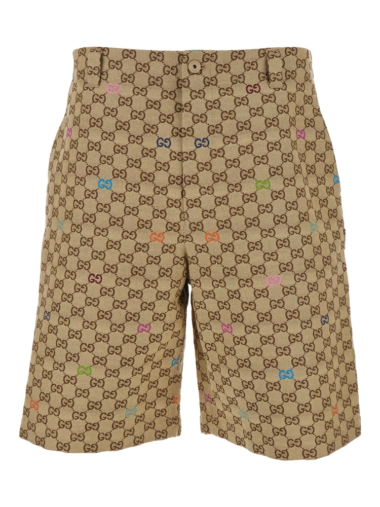 Beige Bermuda Pants with Belt Loops in GG Canvas Man