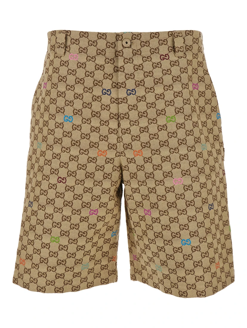 Beige Bermuda Pants with Belt Loops in GG Canvas Man