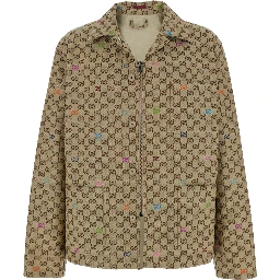 Beige Shirt with Spread Collar and Two Front Welt Pockets in GG Canvas Man