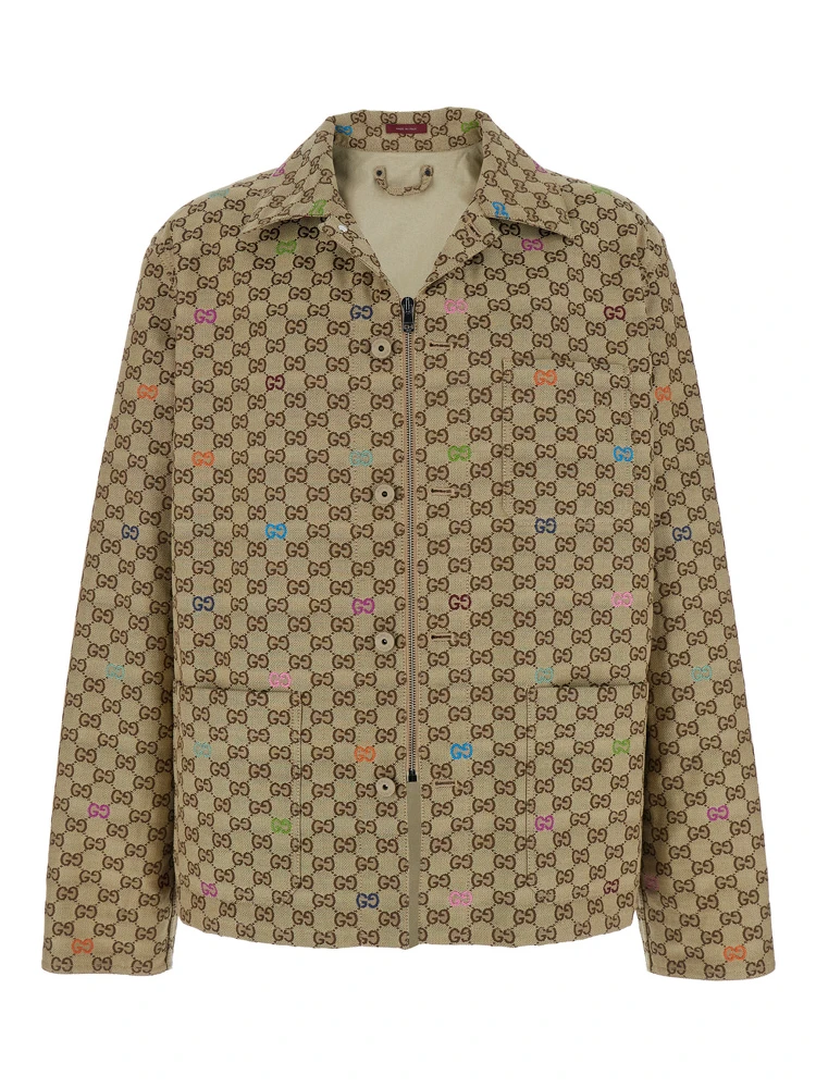 Beige Shirt with Spread Collar and Two Front Welt Pockets in GG Canvas Man