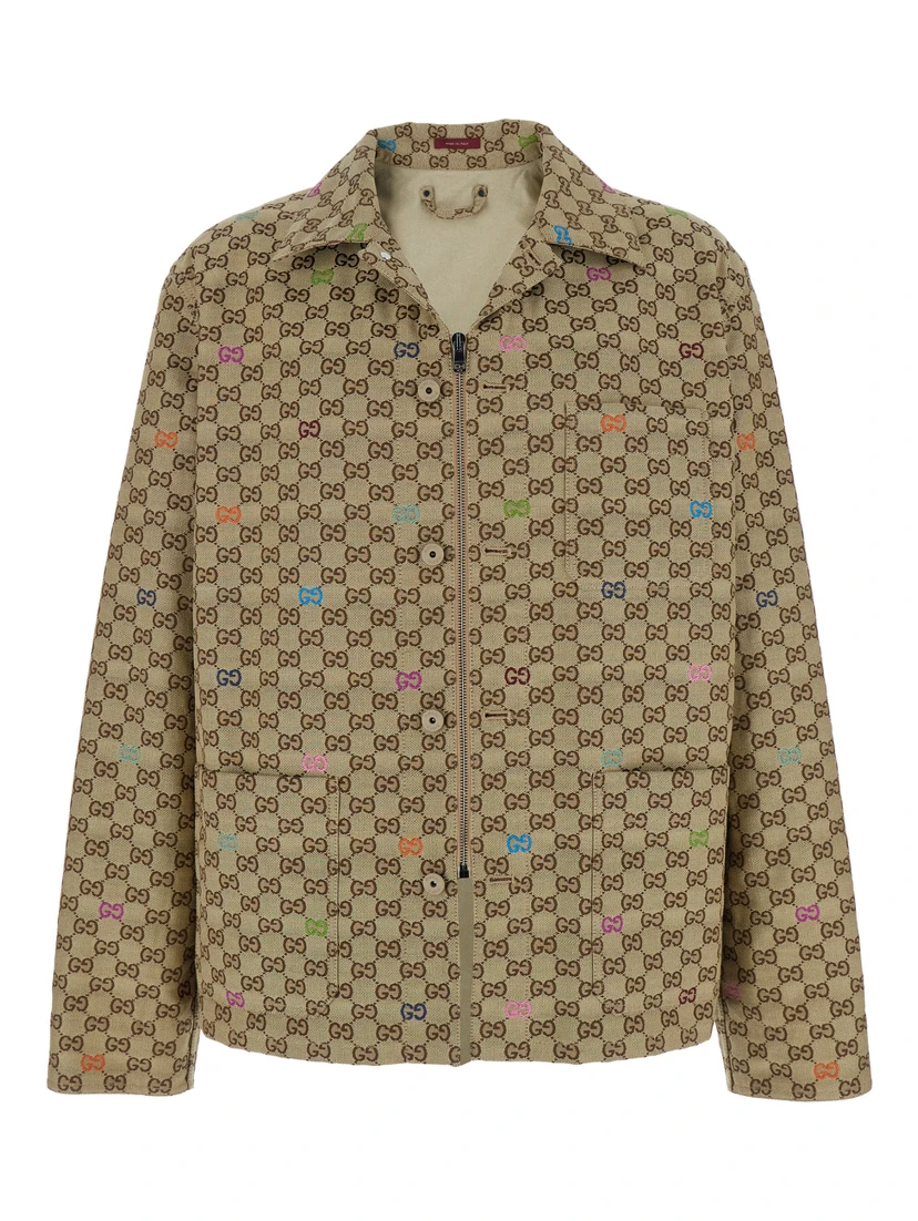 Beige Shirt with Spread Collar and Two Front Welt Pockets in GG Canvas Man