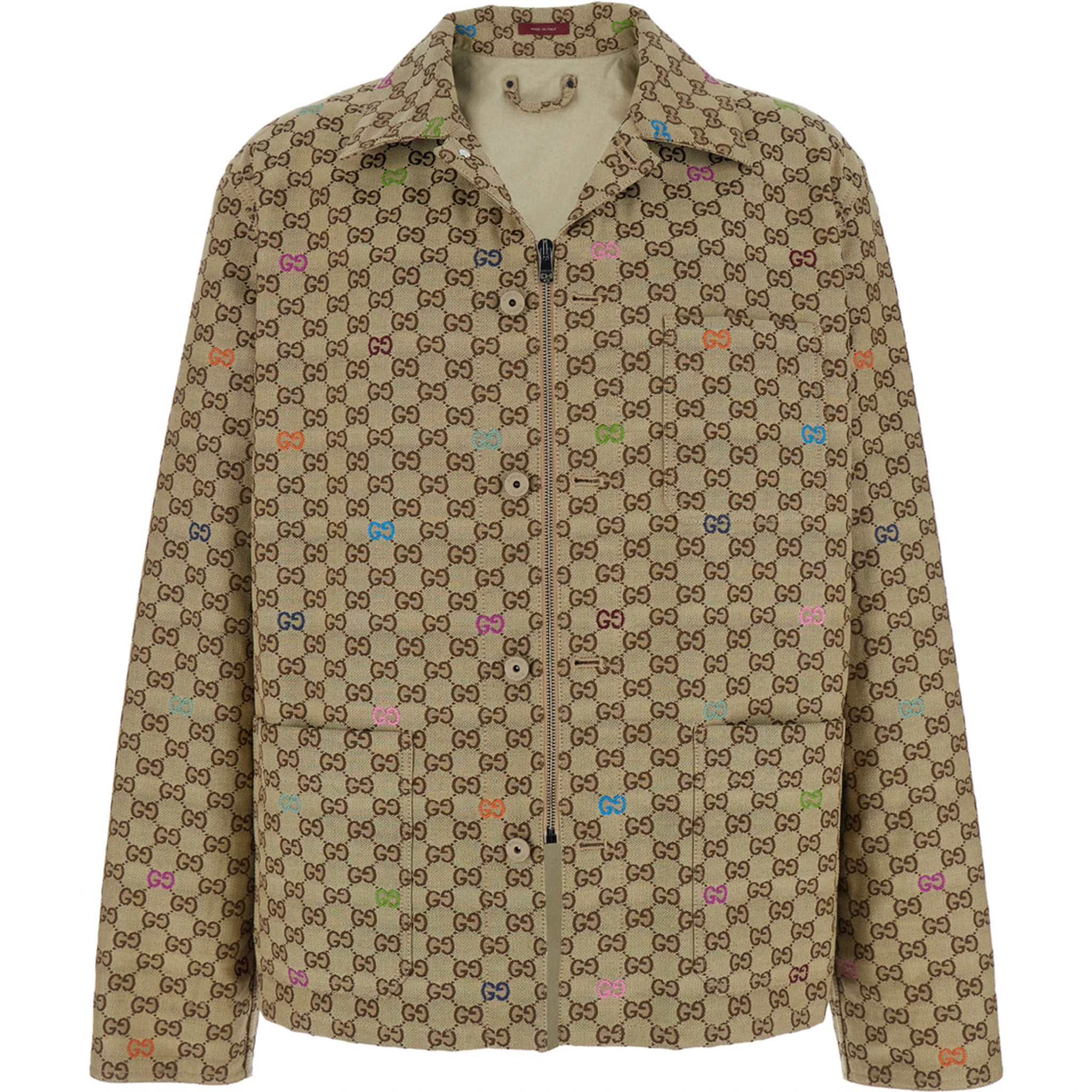 Beige Shirt with Spread Collar and Two Front Welt Pockets in GG Canvas Man