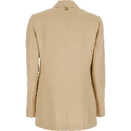 Beige Jacket with Classic Lapels and Metallic Logo on the Back in Linen Blend Woman