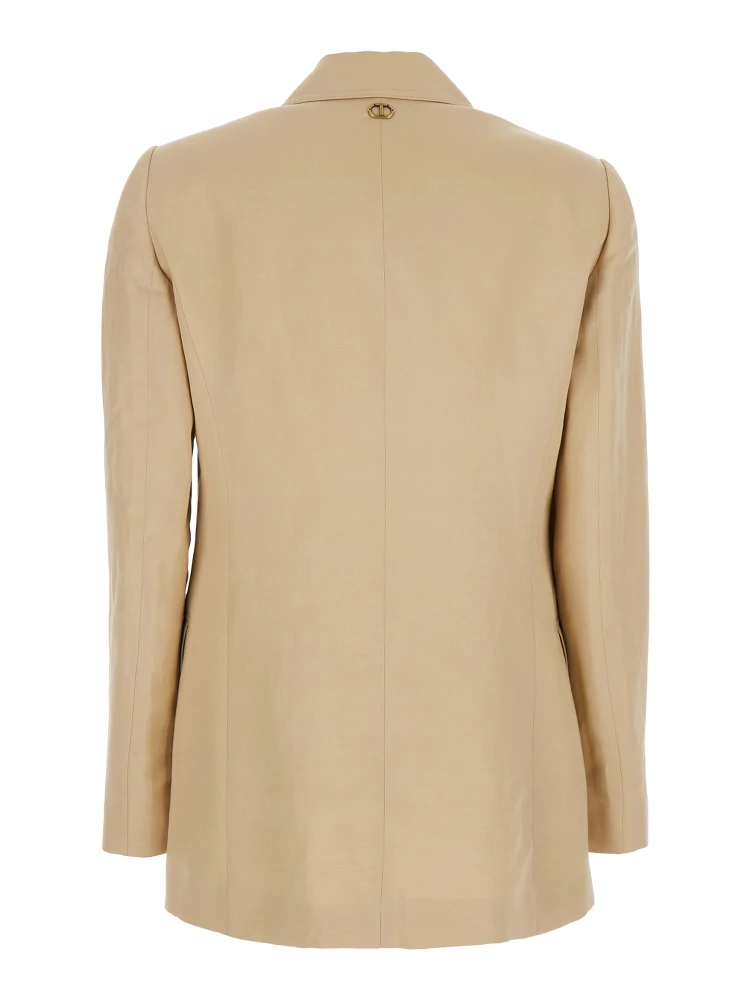 Beige Jacket with Classic Lapels and Metallic Logo on the Back in Linen Blend Woman alternative