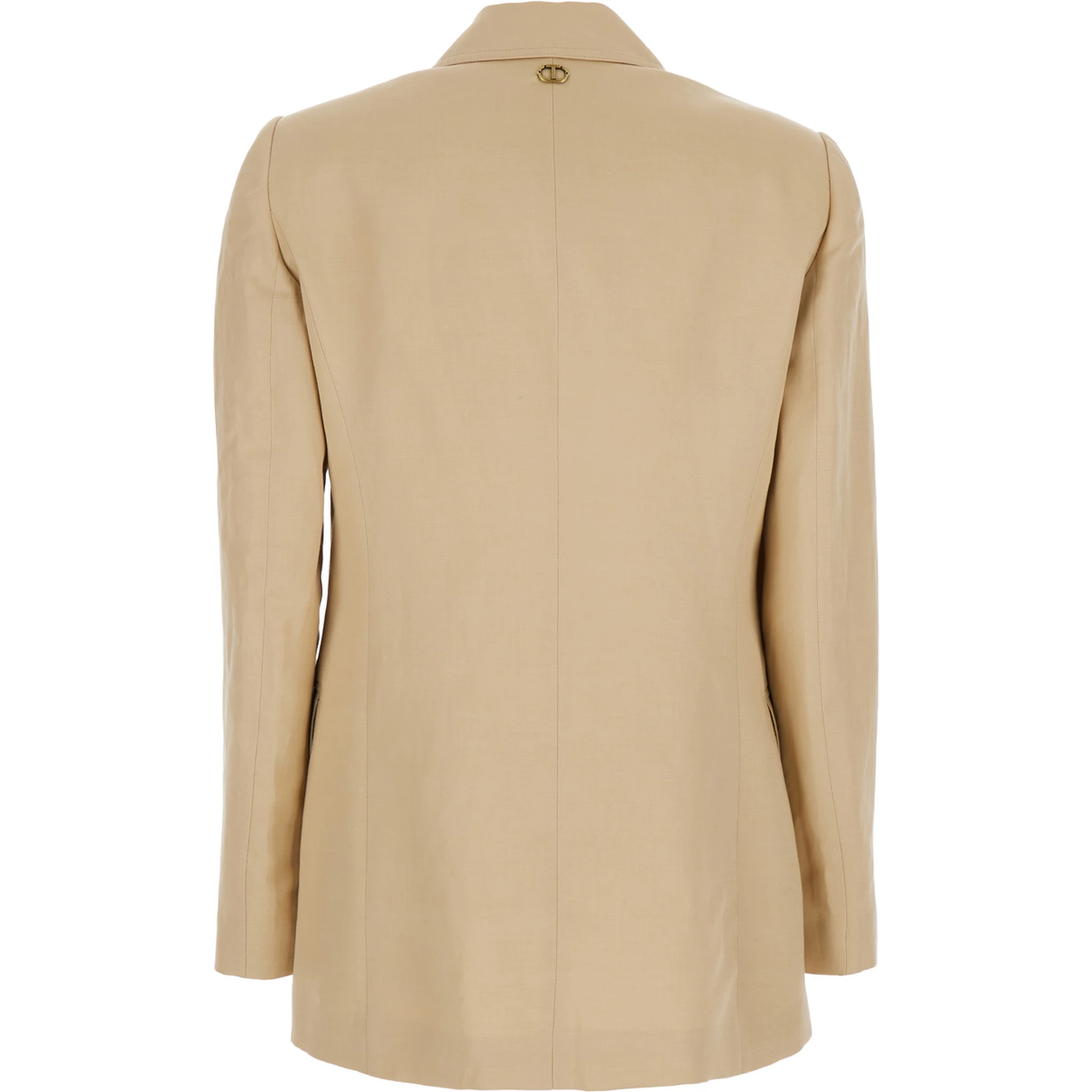 Beige Jacket with Classic Lapels and Metallic Logo on the Back in Linen Blend Woman