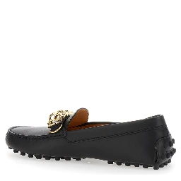Black Loafers with Ring Detail on the Front and Rubber Sole in Leather Woman