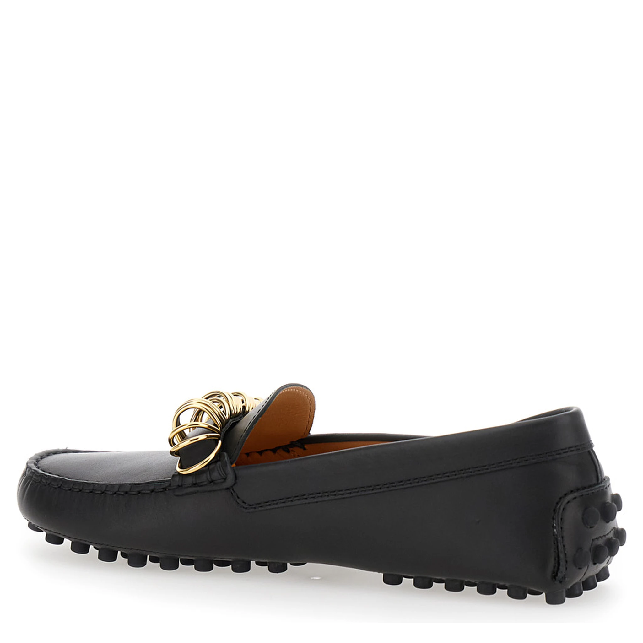 Black Loafers with Ring Detail on the Front and Rubber Sole in Leather Woman