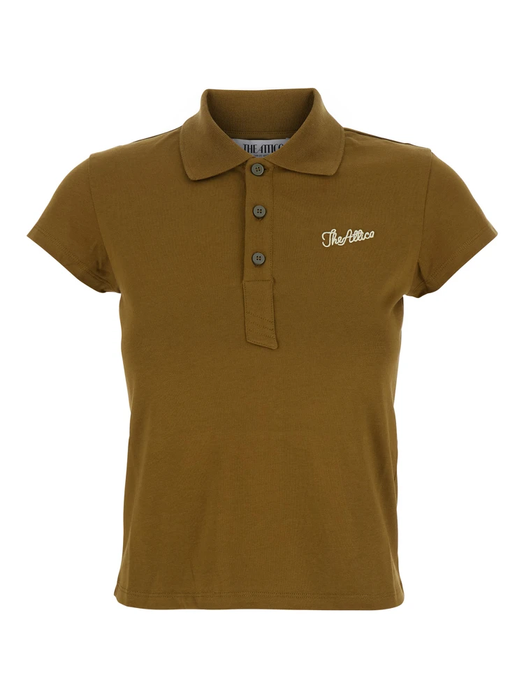 Green Polo Shirt with Classic Collar and Logo Lettering Embroidery on the Front in Cotton Jersey Woman