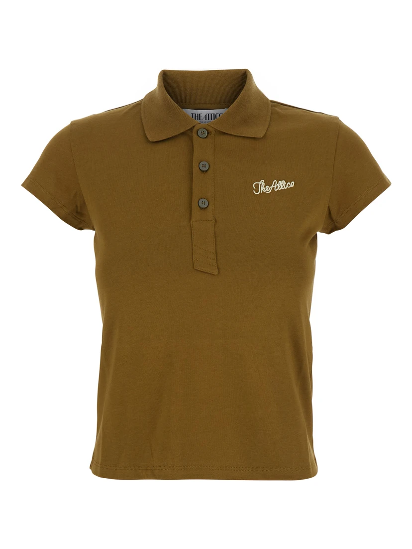 Green Polo Shirt with Classic Collar and Logo Lettering Embroidery on the Front in Cotton Jersey Woman