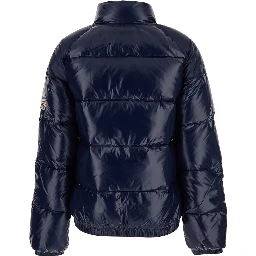 Vintage Mythic Blue Down Jacket with Stand-Up Collar and Logo Patch on the Sleeve in Tech Fabric Unisex