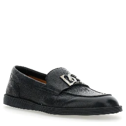 Florio Black Loafers with DG Plaque on the Front in Grained Leather Man