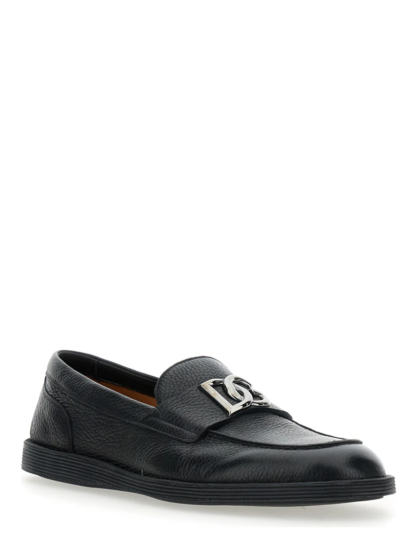 Florio Black Loafers with DG Plaque on the Front in Grained Leather Man