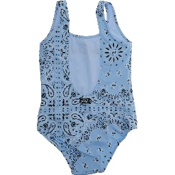 Light Blue Swimsuit with Embroidered Logo on the Front and All-Over Bandana Print in Tech Fabric Girl