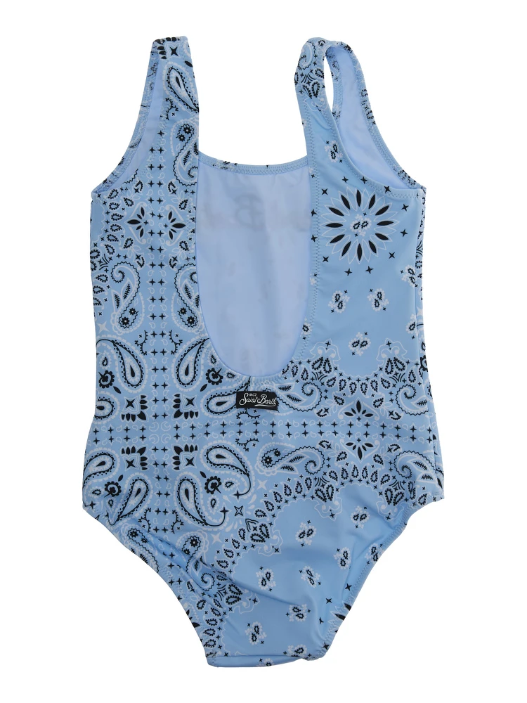 Light Blue Swimsuit with Embroidered Logo on the Front and All-Over Bandana Print in Tech Fabric Girl alternative