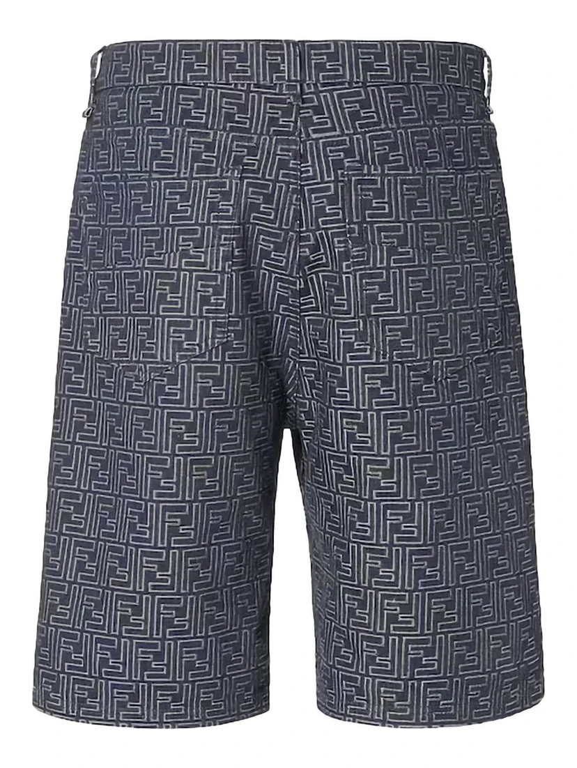 Blue Bermuda with Belt Loops and All-Over FF Motif in Cotton Man