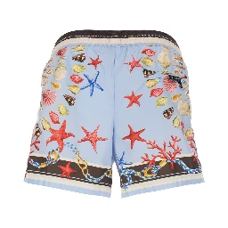 شورت سباحة رجالي أزرق فاتح بخصر مطاطي برباط وطبعة كاملة من قماش تقني