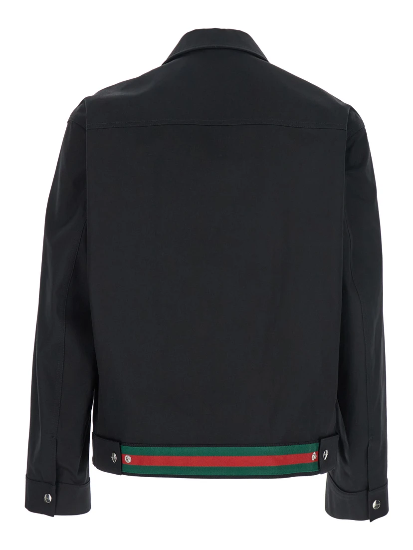 Black Jacket with Classic Collar and Web Motif on the Waist in Cotton Man