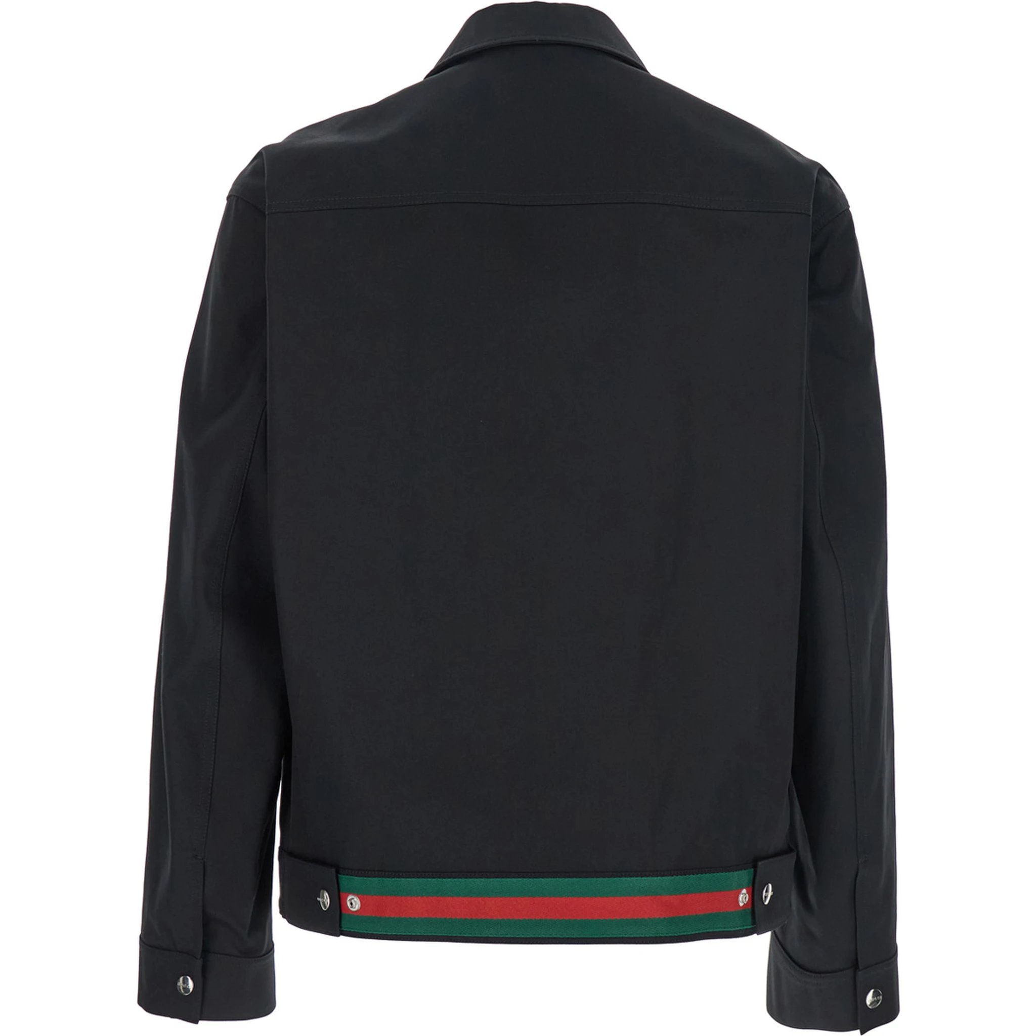 Black Jacket with Classic Collar and Web Motif on the Waist in Cotton Man