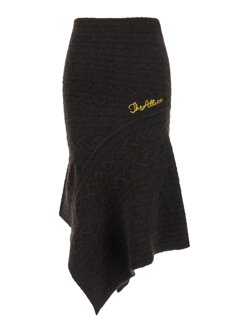 Brown Skirt with Asymmetrical Design and Logo Lettering in Wool Woman